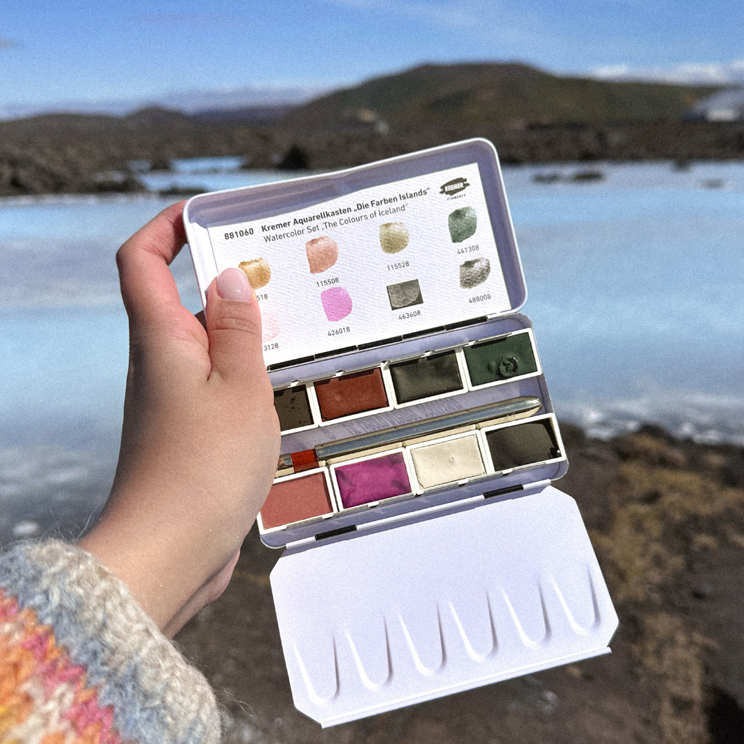 Vatnslitasettið okkar - Litirnir Íslands - 8 kubbar og ferða pensill - sett