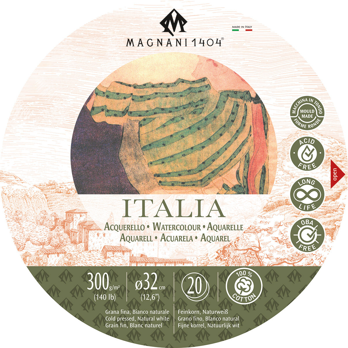 Vatnslitablokk - ITALIA - 300 g/m² - ⌀ 32 cm - Cold Press - 20 blaðsíður