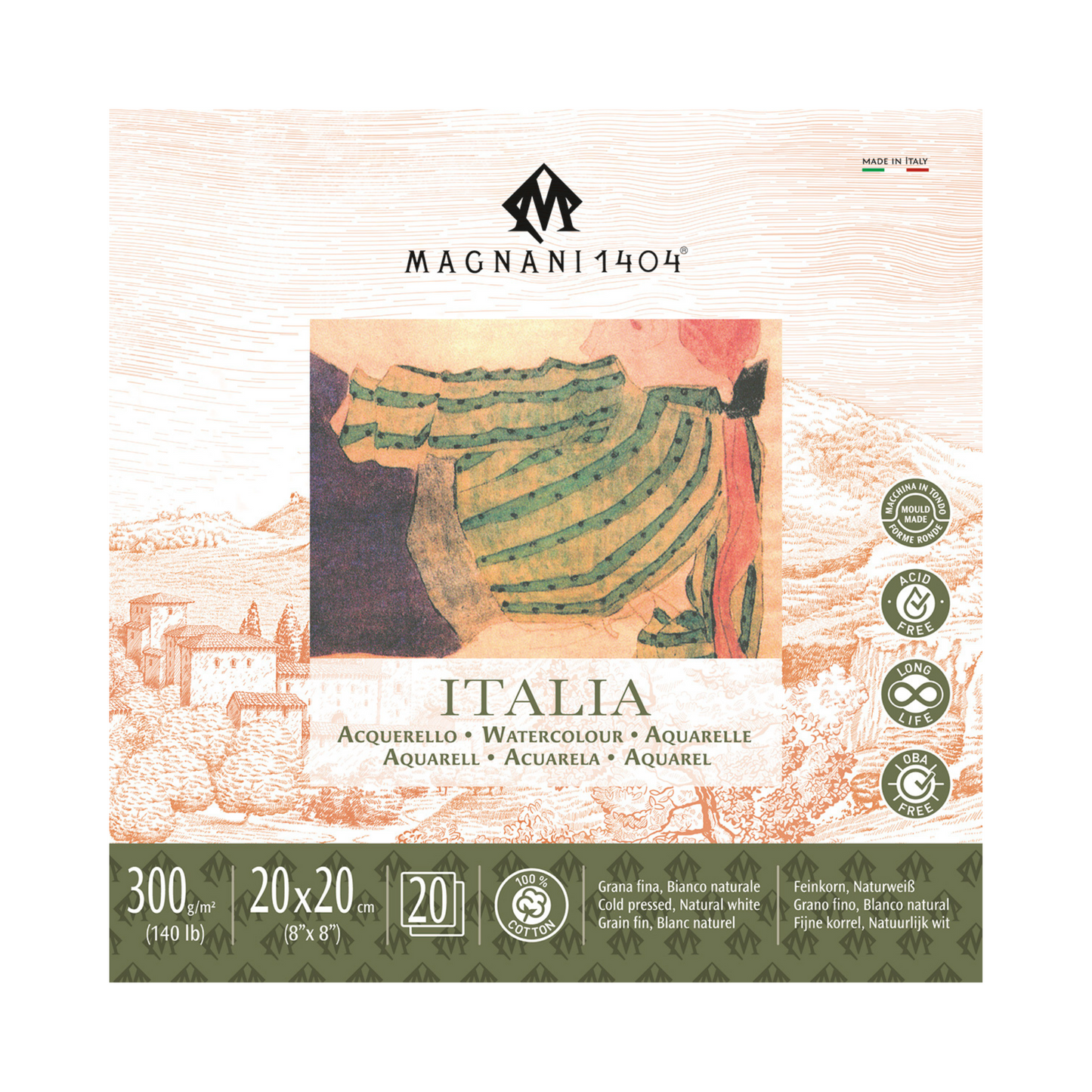 Vatnslitablokk - ITALIA - 300 g/m² - 20x20 cm - Cold Press - 20 blaðsíður
