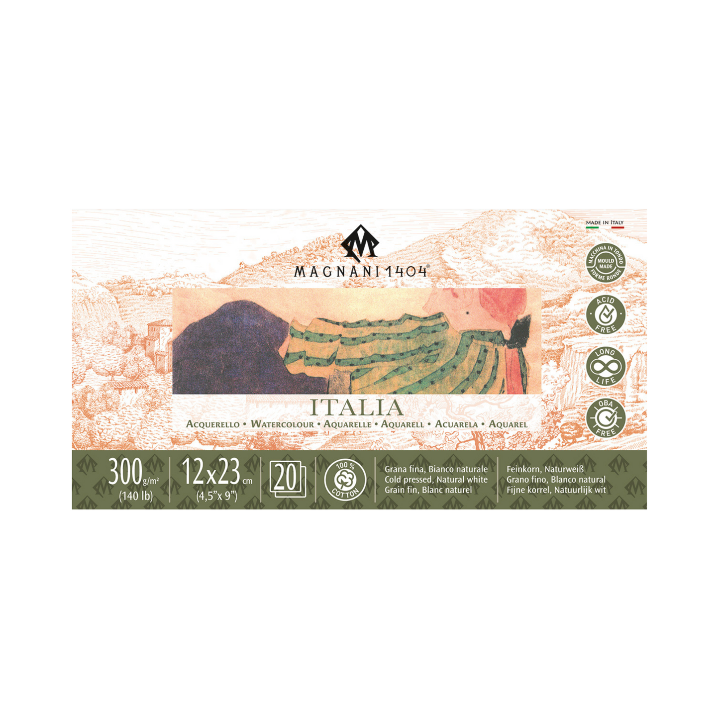 Vatnslitablokk - ITALIA - 300 g/m² - 12x23 cm - Cold Press - 20 blaðsíður