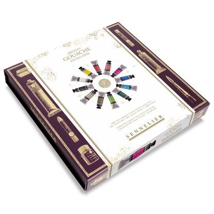 Lúxus Gouache Sett í pappkassa - 12x10ml túpur, blokk, penslar og klútur