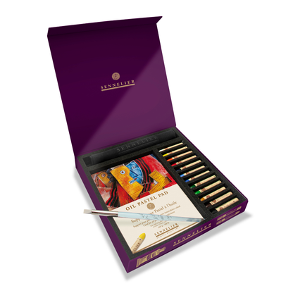 Lúxus olíu pastel Sett í pappkassa - 12 pastel litir,  blokk, pensill og klútur