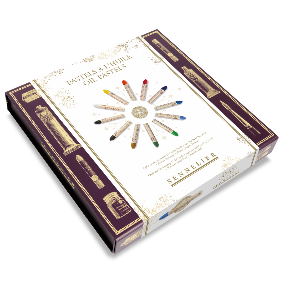 Lúxus olíu pastel Sett í pappkassa - 12 pastel litir,  blokk, pensill og klútur