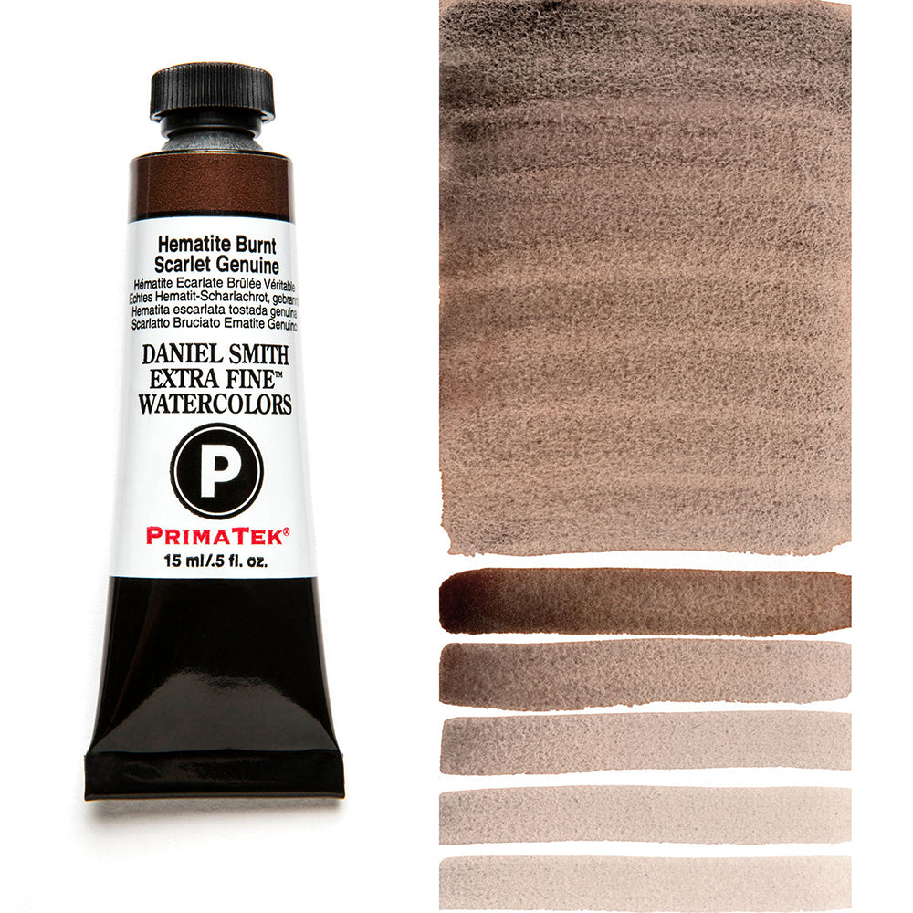 DANIEL SMITH PrimaTek Hematite Burnt Scarlet Genuine 15 ml — tube and swatch