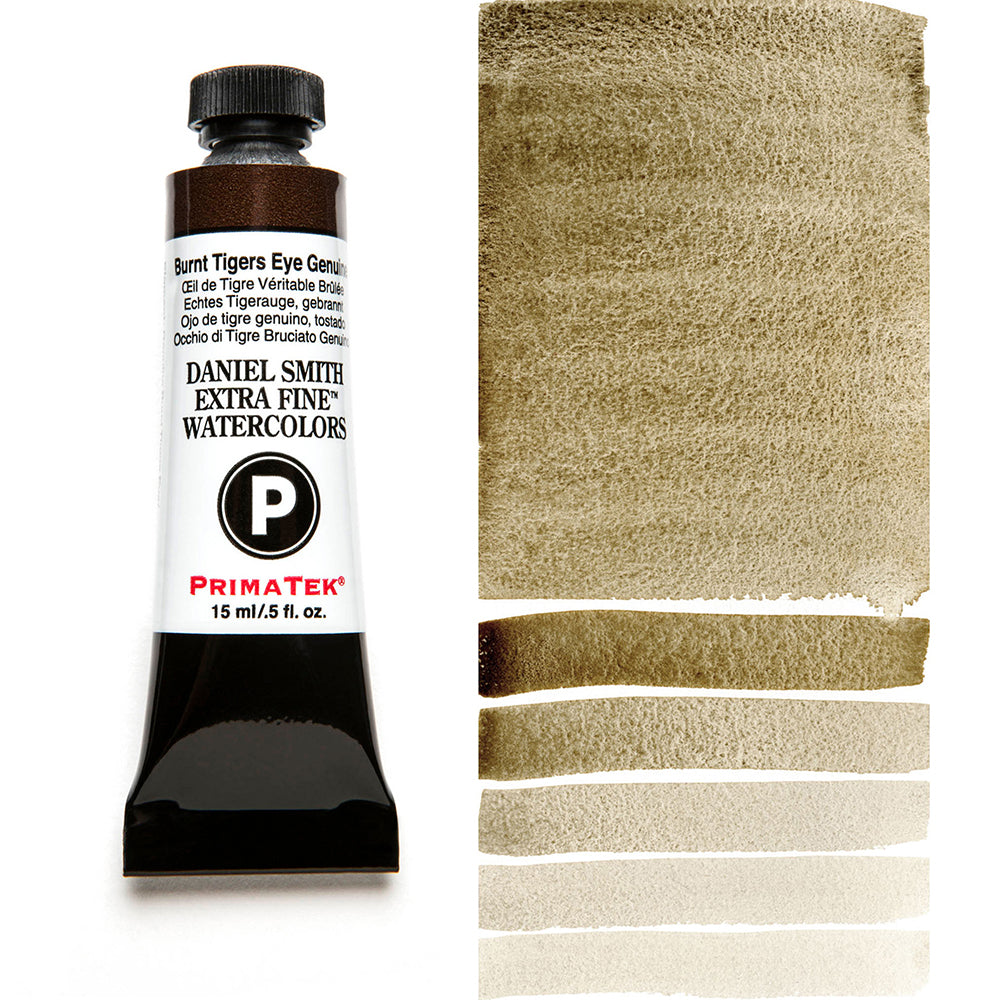 DANIEL SMITH PrimaTek Burnt Tiger's Eye Genuine 15 ml — tube and swatch