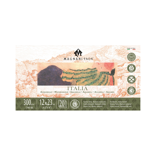 Vatnslitablokk -  ITALIA - 300 g/m² - 12x23 cm - Cold Press - 20 blaðsíður